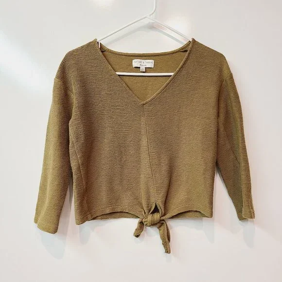Madewell Shirt Texture Thread Olive Green Crop Top Tie Front Womens XXS - Picture 2 of 8